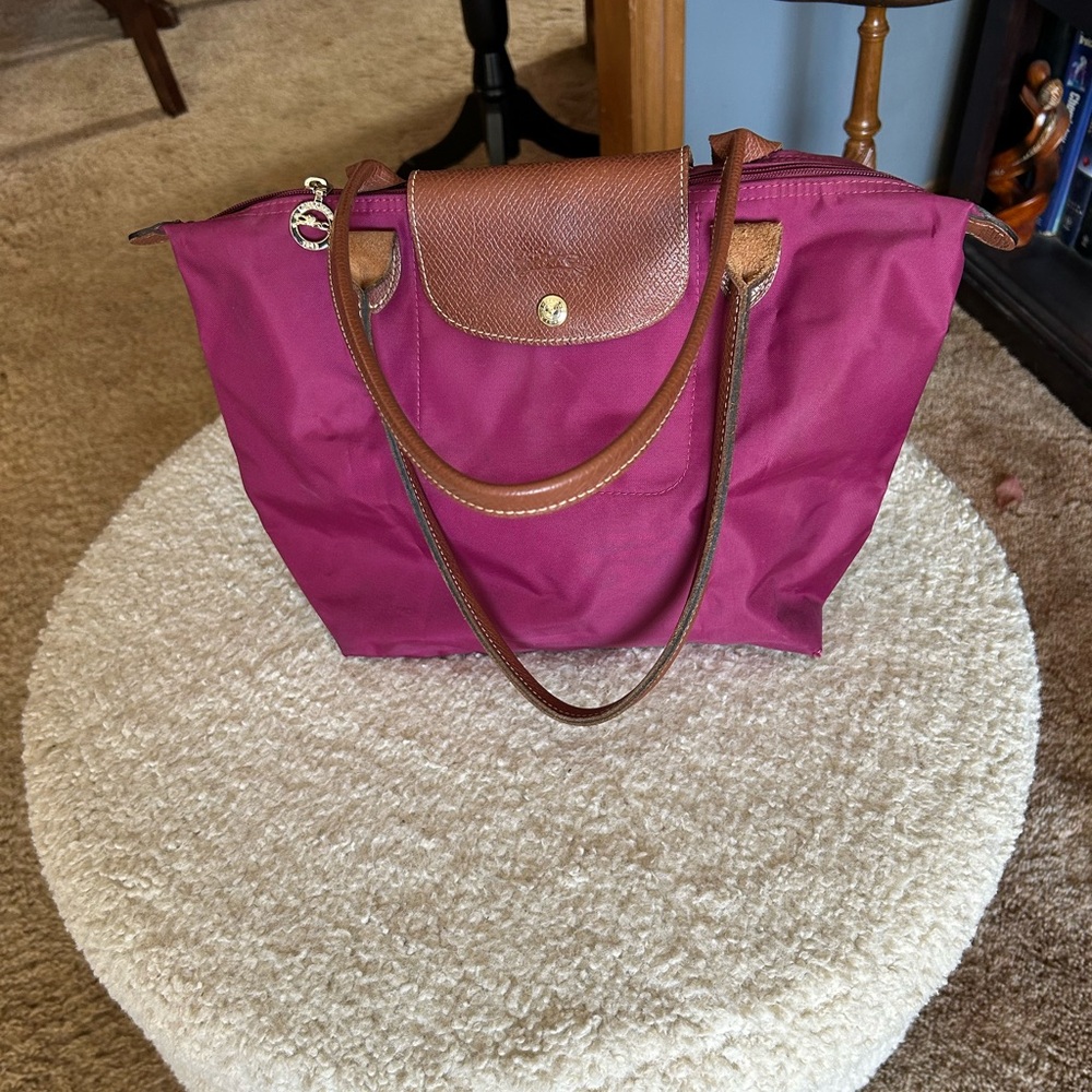 Longchamp Le Pliage Magenta Tote with Brown Trim